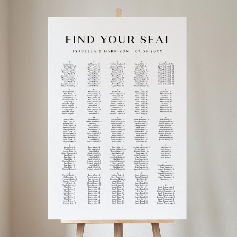 Seating Letters Minimalist Alphabetical Seating Chart Template, Modern Wedding Seating ...