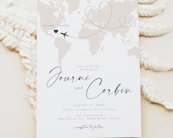 Bestemming bruiloft uitnodiging sjabloon suite bewerkbare wereldkaart 3-delige bruiloft set reizen avontuur thema bruiloft uitnodigingsset - JOURNI
