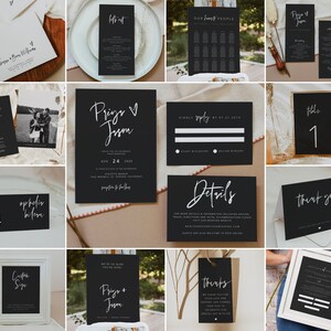 May include: A collection of black and white wedding stationery, including invitations, RSVP cards, table numbers, and thank you notes. The designs feature elegant calligraphy and minimalist layouts, perfect for a modern wedding theme.