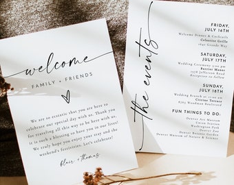 Plantilla de tarjeta de eventos de boda minimalista BLAIR, nota de bolsa de bienvenida de boda, línea de tiempo de eventos de boda imprimible, calendario de bodas moderno editable