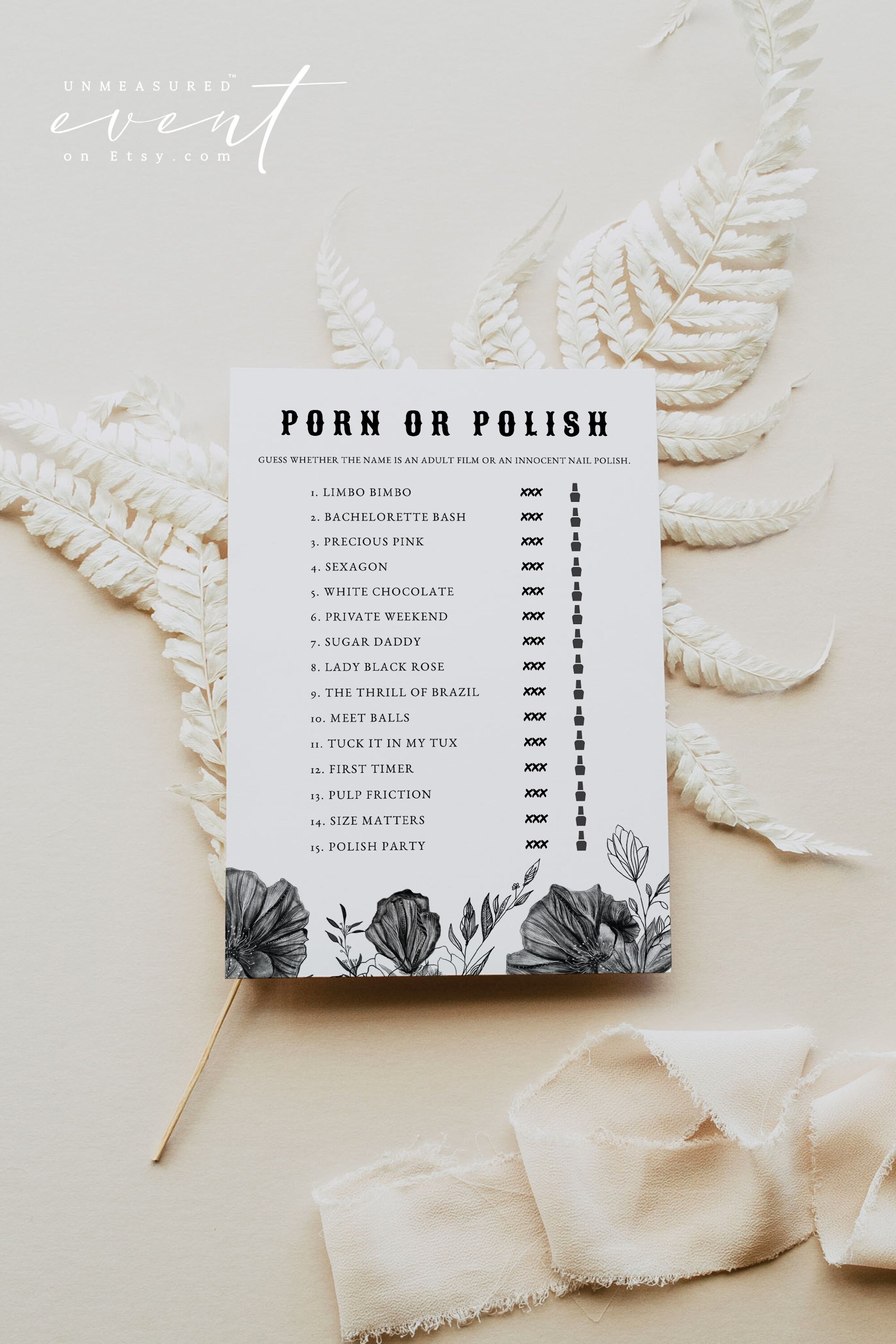NOVA Porn ou Polish Bachelorette Game Imprimable Black Floral