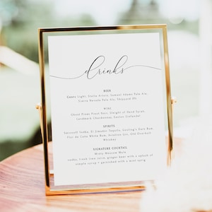 8x10" Bar Menu Sign Printable, Kaligrafia Wedding Drink Menu Template, Elegancki Signature Drink Sign Menu, Skrypt Nowoczesny Minimalistyczny ASHER