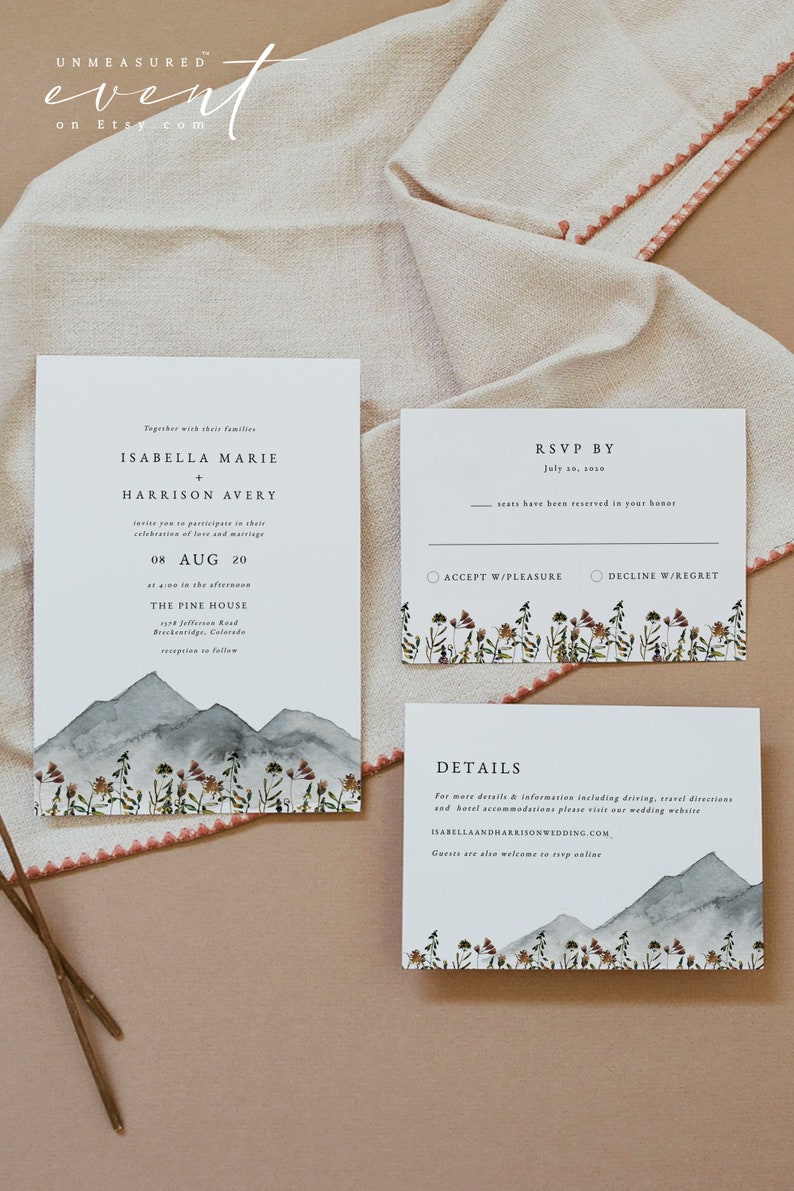 HEIDI Mountain Wedding Invitation Template Suite, Wildflower Wedding Invitation Set, Boho Wedding Invite, Bohemian Woodland Rustic Instant image 1