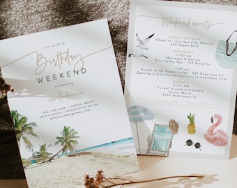 CANCUN BirthdayInvitation Template, Tropical Birthday Invite, Beach Birthday Invite, Weekend Itinerary Schedule Palm Tree Swim Vacation DIY