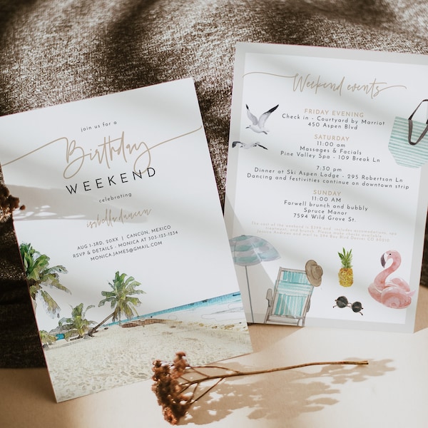 CANCUN BirthdayInvitation Template, Tropical Birthday Invite, Beach Birthday Invite, Weekend Itinerary Schedule Palm Tree Swim Vacation DIY