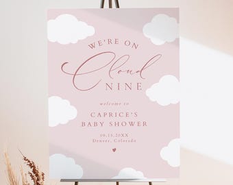 Plantilla de letrero de bienvenida para baby shower CAPRICE Cloud Nine, letrero de baby shower con nube ruborizada, póster de bienvenida para baby shower de niña rosa imprimible al instante