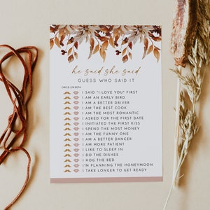 TALIA He Said She Said Bridal Shower Game Template, Fall Bridal Shower Game Printable, Autumn Bridal Shower Games Instant, Bohemian Blush