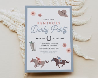 ROSALIND Kentucky Derby Party Invitation Template, Horse Racing Party Invite, Dusty Blue Preakness Evite Printable Instant Editable DIY
