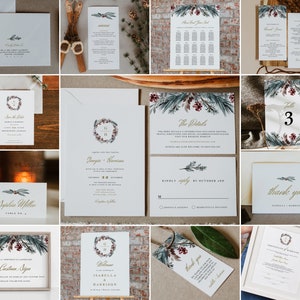 NOEL Winter Pine Wedding Invitation Template Bundle, Rustic Holiday Wedding Kit Printable Instant Download, Christmas Wedding Invite Set
