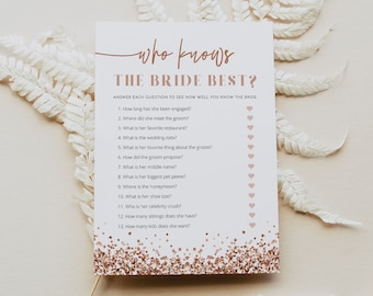 REGINA Who Knows the Bride Best Bridal Shower Game, Rose Gold Glitter Bridal Shower Game Printable, Blush Pink Sequins Bridal Instant DIY