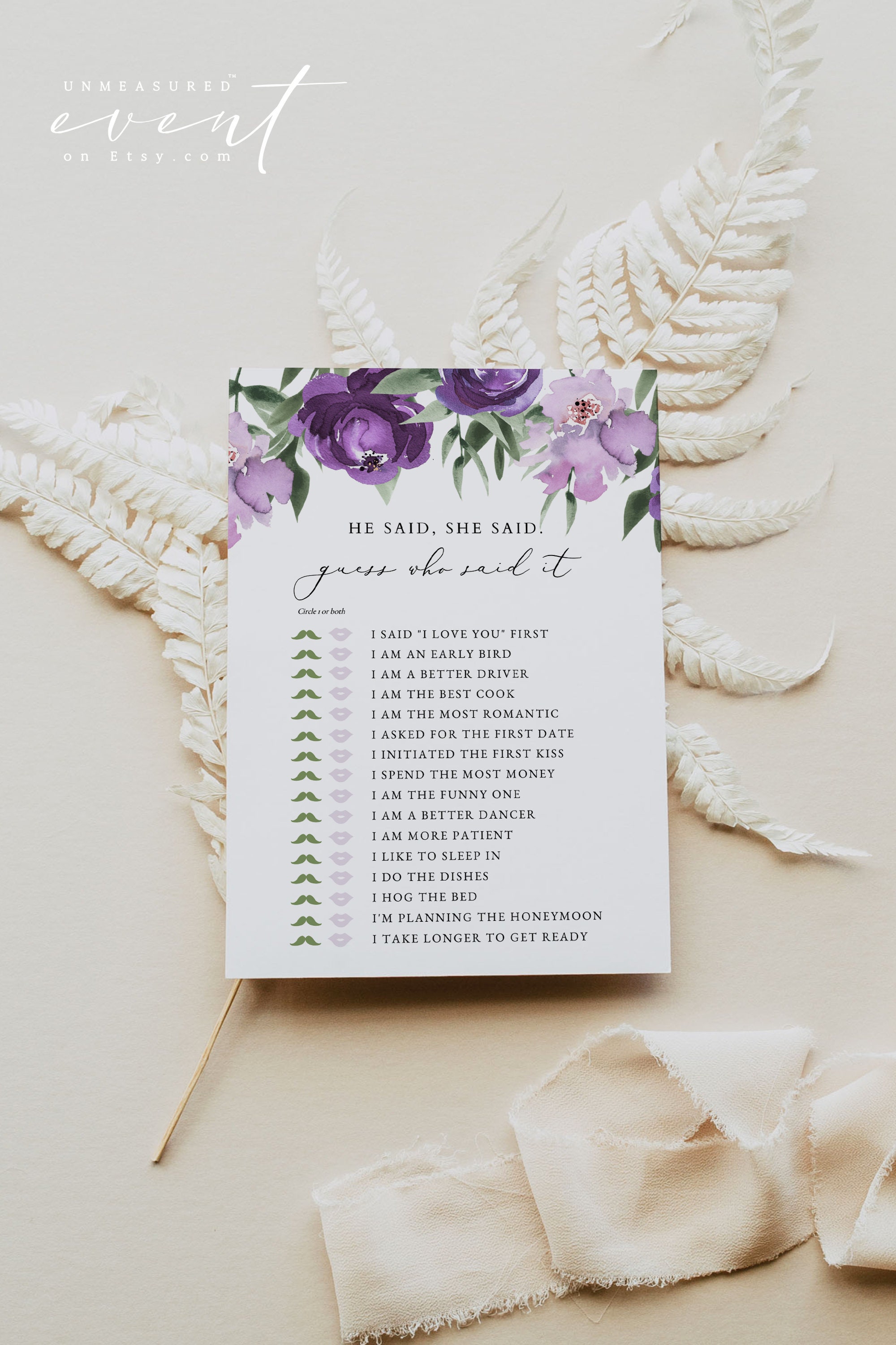 LILAH He Said She Said Bridal Shower Game, Purple Floral Bridal Shower, Lavender Lilac Floral Bridal Shower Games, Guess Who Said It Game