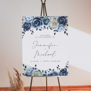 DAKOTA Blue Floral Wedding Welcome Sign Template, Winter Wedding Welcome Sign Printable, Dusty Blue Welcome Sign, Christmas Wedding Signage