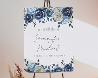 DAKOTA Blue Floral Wedding Welcome Sign Template, Winter Wedding Welcome Sign Printable, Dusty Blue Welcome Sign, Christmas Wedding Signage