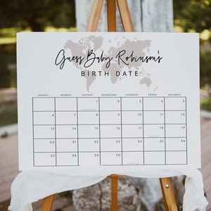 Modèle de calendrier prévisionnel QUINN aventure, devinez le calendrier de naissance de bébé, jeu de date d'échéance de baby shower, carte du monde de voyage Blush