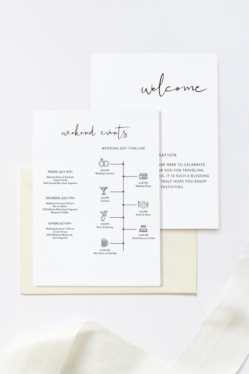 May include: A black and white wedding weekend events timeline with icons for each event. The timeline includes a welcome dinner, wedding ceremony, cocktail hour, dinner and toasts, music and dancing, and an after party. The text includes the dates and times of each event, as well as the location.