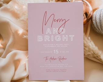 HENLEY Modern Pink and Red Christmas Party Invitation Template Merry and Bright Holiday Party Invitation Printable Text Invite Evite