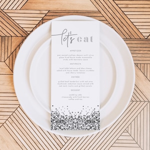 Szablon menu kolacji dyskotekowej REGINA, karty menu do wydrukowania, menu panieńskie Last Disco, wieczorne przyjęcie dla nowożeńców Disco, karta menu ze srebrnymi cekinami
