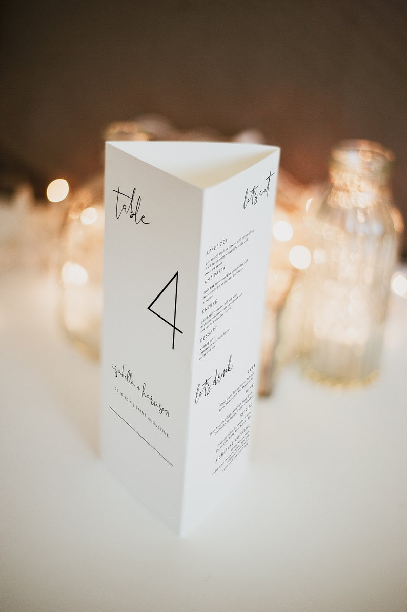 ADELLA Minimalist Wedding Triangle Table Number Template, Modern Trifold Table Menu, Triangle Table Stand Wedding Program, Table Thank You image 1