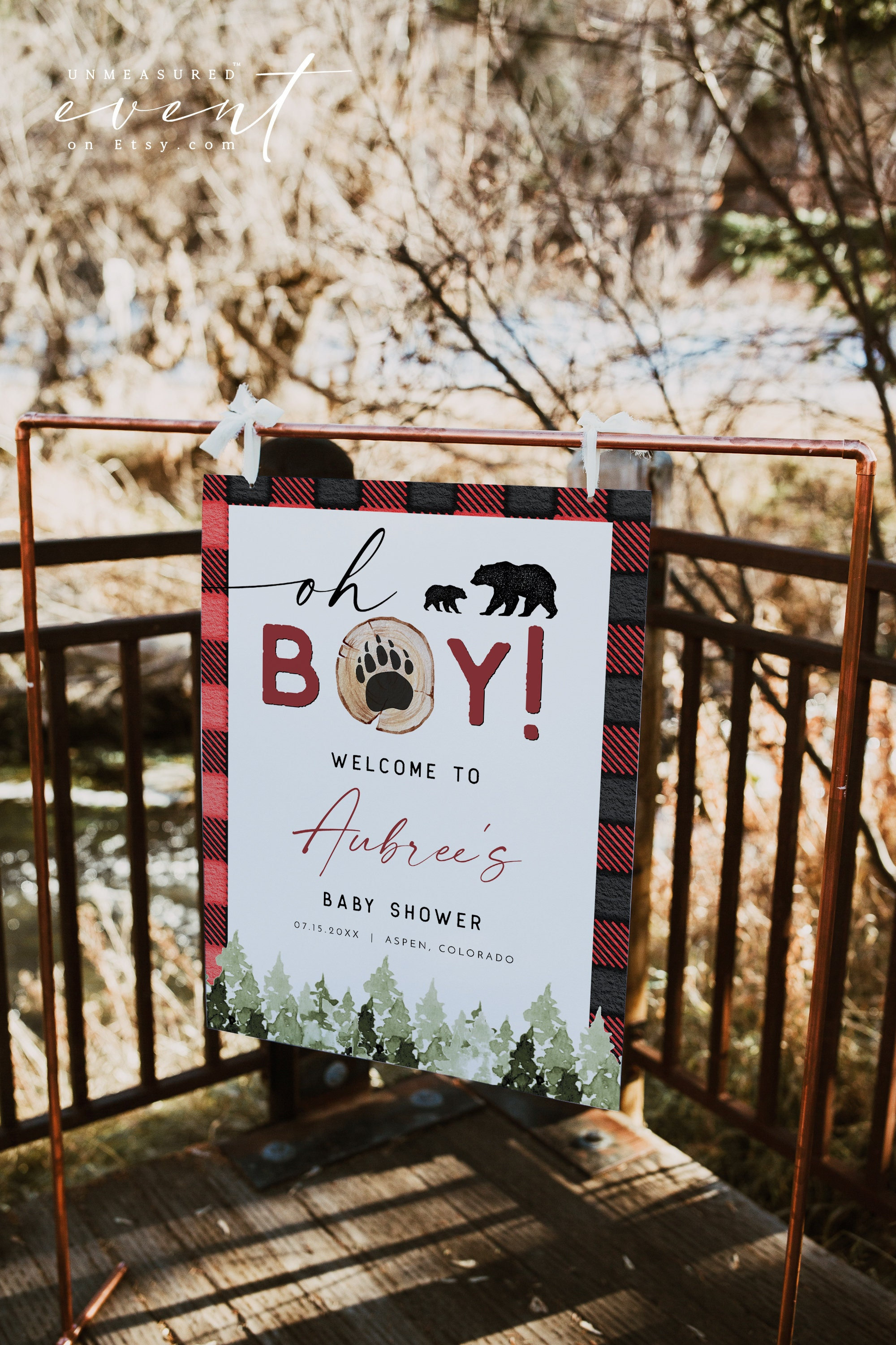 FROST Lumberjack Baby Shower Welcome Sign Template, Flannel Baby Shower Welcome, Forest Baby Shower Welcome, Bear Pine Tree Woodland Baby