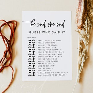 He Said She Said Bridal Shower Game, Minimalist Bridal Shower Game Printable, Instant Download Black and White Simple Clean Modern DIY