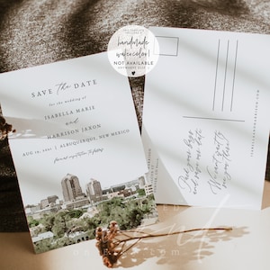 Carte postale « Réservez la date » ALBUQUERQUE, Nouveau-Mexique « Réservez la date » imprimable, « Réservez la date » avec la ligne d'horizon, aquarelle Mariage à destination Evitez la date instantanée