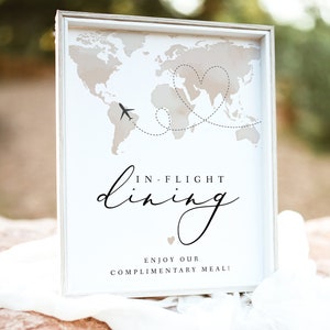 In-Flight Meal Sign Printable, Airplane Baby Shower Food Table Sign, Destination Travel Themed Birthday Table Sign Watercolor Map DIY CARMEN