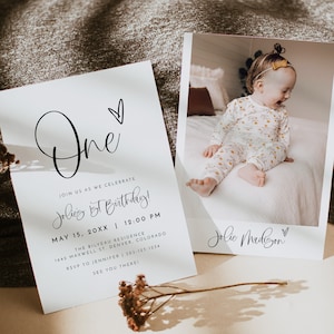 Modern 1st Birthday Invitation Template, Minimalist First Birthday Invite Instant Download, Simple One Birthday Invitation Heart DIY JOLIE