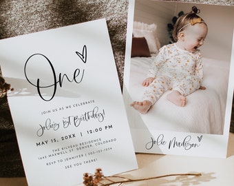 Modern 1st Birthday Invitation Template, Minimalist First Birthday Invite Instant Download, Simple One Birthday Invitation Heart DIY JOLIE