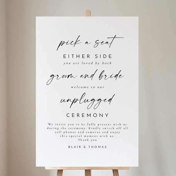 BLAIR Minimalist Pick a Seat Sign Template, Unplugged Ceremony Sign Printable Download, Modern Wedding Unplugged Sign, Simple Wedding Sign
