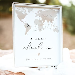 World Map Guest Check in Sign Template Airplane Birthday Party Signage Destination Wedding Guestbook Sign Printable Travel Baby CARMEN