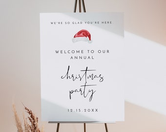 ADELLA Modern Christmas Party Welcome Sign Template Printable Christmas Party Welcome Poster Minimalist Santa Hat Office Holiday Party