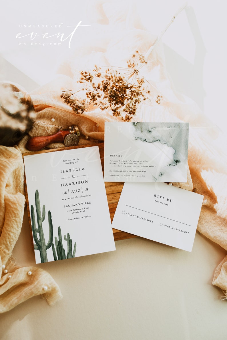 ELEANOR Cactus Wedding Invitation Template Set, Desert Wedding Invitation Suite, Bohemian Wedding Invitation Printable Set, Boho Wedding image 2