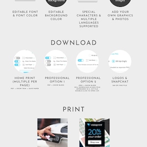 May include: A graphic design template for a business card with a blue background and white text. The text says "Edit", "Download", and "Print". There are icons for adding images, text, and backgrounds. The template is available for home or professional printing.