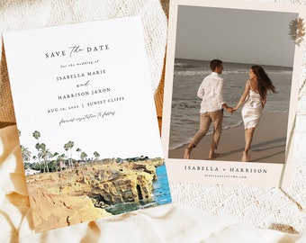 SUNSET CLIFFS Save the Date Template, San Diego Save the Date Postcard Printable, California Coast Photo Save the Date, Beach Save the Date