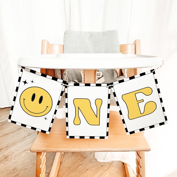 ONE High Chair Banner, One Happy Dude First Birthday Banner, Happy Face First Birthday Banner, 1st Birthday Banner TRAVIS