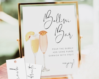 ADELLA Minimalist Bellini Bar Sign, Modern Bellini Bar Sign and Tags, Wedding Bellini Bar Sign Instant Download Editable Baby Bridal Shower