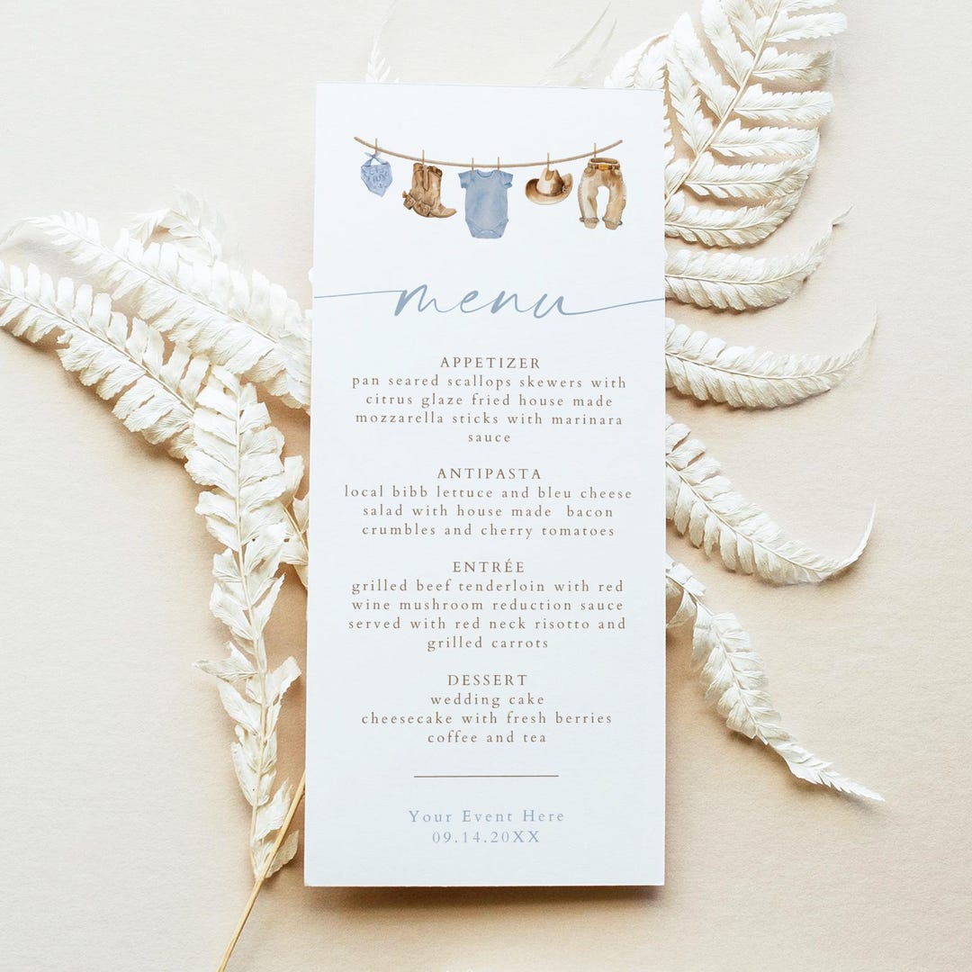 PRINTED + SHIPPED Little Cowboy Western Menu Cards, Clothes Line Menu ...