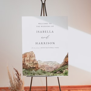 PARC NATIONAL DE ZION Modèle de panneau de bienvenue de mariage imprimable Affiche de bienvenue de mariage aquarelle Sion peinture signe modifiable désert modifiable