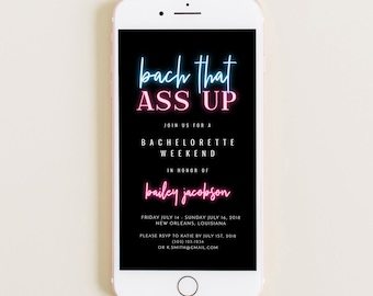 LOLA Bachelorette Evite, Bachelorette Invite, Bach That Ass Up Bachelorette, Text Invitation, Bachelorette Itinerary Neon Bachelorette DIY