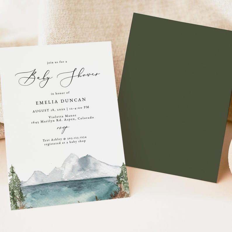 Mountain Baby Shower Invitation Template, Mountain Lake Baby Shower Invite, Boho Baby Shower Invite, Forest Baby Shower Invites DIY CLOVER image 4