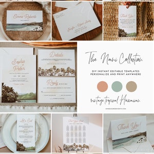 NANI Vintage Hawaii Wedding Bundle Templates, Tropical Wedding Invitation Printable Set, Mega Wedding Bundle, Beach Themed Luau Wedding DIY