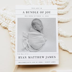 Newspaper Birth Announcement Template, A Little Bundle Of Joy Newborn Announcement Card, New Baby Stats Card Editable Printable Modern