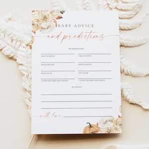 Puede incluir: Una tarjeta de juego de baby shower imprimible con un dise&ntilde;o floral y el texto "BABY ADVICE and predictions". La tarjeta incluye espacios para que los invitados escriban sus predicciones sobre la fecha de nacimiento, la hora, el peso, la longitud, el color del cabello y el color de los ojos del beb&eacute;. Tambi&eacute;n incluye espacios para que los invitados escriban sus consejos para los padres y lo que esperan que el beb&eacute; reciba de cada padre.