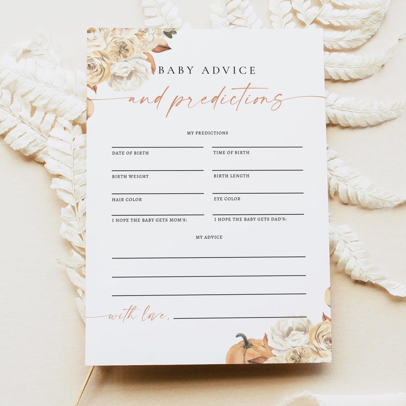 Puede incluir: Una tarjeta de juego de baby shower imprimible con un dise&ntilde;o floral y el texto "BABY ADVICE and predictions". La tarjeta incluye espacios para que los invitados escriban sus predicciones sobre la fecha de nacimiento, la hora, el peso, la longitud, el color del cabello y el color de los ojos del beb&eacute;. Tambi&eacute;n incluye espacios para que los invitados escriban sus consejos para los padres y lo que esperan que el beb&eacute; reciba de cada padre.
