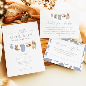 Set di modelli di inviti per baby shower da cowboy, invito "Un piccolo cowboy è in arrivo", baby shower con stendibiancheria da cowboy, Blue Wild Western CLINT