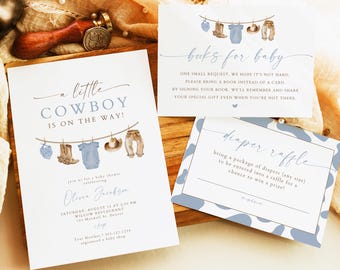 Cowboy Baby Shower Invitation Template Set, A little Cowboy Is On The Way Invite, Cowboy Clothesline Baby Shower, Blue Wild Western CLINT