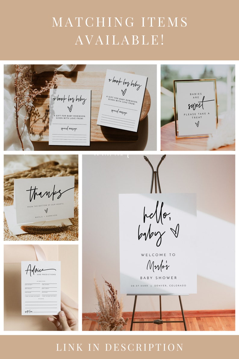 Puede incluir: Un conjunto de carteles imprimibles para baby shower con un dise&ntilde;o moderno y minimalista. Los carteles presentan texto en caligraf&iacute;a negra sobre un fondo blanco con un s&iacute;mbolo de coraz&oacute;n. Los carteles incluyen "Hola, beb&eacute;", "Bienvenido a la baby shower de Marlo", "Los beb&eacute;s son dulces", "Gracias desde el fondo de nuestros corazones", "Un libro para beb&eacute;" y "Consejos y predicciones".