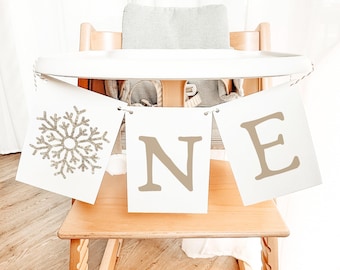 RORY Boho Earth Tone Winter Pine Snowflake ONE 1st Birthday High Chair Banner Szablon do druku Winter ONEderland First Birthday