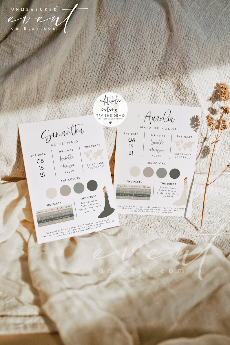 Bridesmaid Info Card Template, Bridal Party Info Card, Bridesmaid Information Card, Modern Minimal Bridesmaid Infographic Calligraphy JOLIE image 1