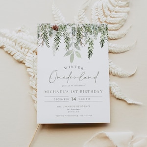 Modèle d’invitation JOY premier anniversaire Pin rustique et verdure hiver Onderland genre neutre Noël 1er anniversaire inviter